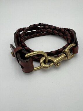 Braided Leather Belt Small Brown Solid Brass Hook Clasp Double Strap 29”